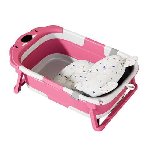 Quxxuol折りたたみ浴槽、子供用浴槽、滑り止め、折り畳み式、小型、コンパクト、保温、座ったり横になったりできる、ベビーバスタブ、バスバケツ、家庭用ベビー折りたたみバスタブ (ピンク,バスマット付き)