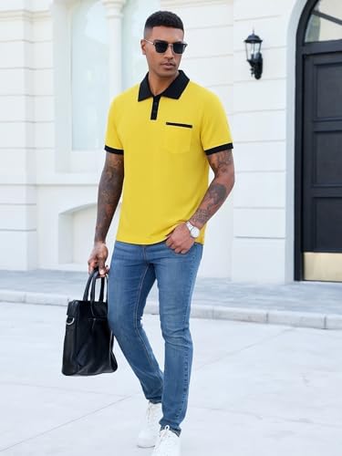 Image of Men's Casual Polo Shirts Summer Short Sleeve Contrast Collar Buttoned Tee Polo Shirt with Pocket