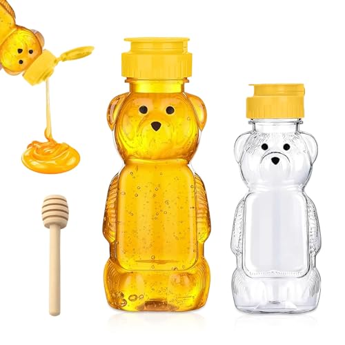 Azonee Bear Honey Dispenser with Honey Sticks - Transparent Squeeze Bottle with No-Drip Hinged Lid | 250ml & 350ml Honey Jars Containers for Kitchen Tea Coffee Desserts - BPA-Free Food Grade Plastic