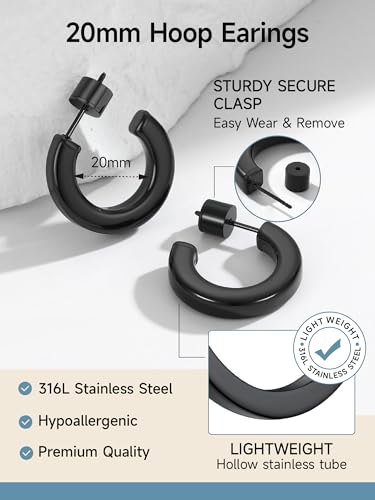Image of Stainless Steel Chunky Hoop Earrings For Women, Minimalist and Chic, Black /Gold Plated, Round Hoops Earrings Hypoallergenic, Size: 30mm /40mm /60mm /80mm, Come with Box