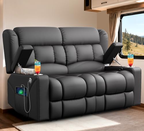 MOSGAT RV Loveseat Recliner Sofa, Reclining Loveseat Home Theater Seating with USB Ports, Cup Holders, Insert Pockets, Wall Hugger RV Recliners for Movie Room, Recline Movie Seats Gaming Sofa, Gray