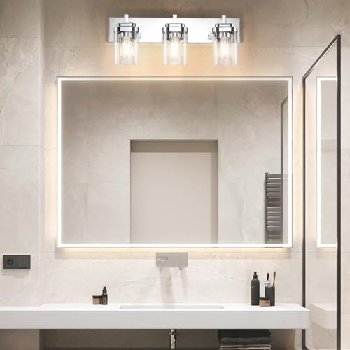 Image of SineRise Vanity Light Fixture,3-Light Vanity Light for Bathroom,Chrome Bathroom Vanity Lighting Over Mirror with Square Clear Glass Shade for Restroom