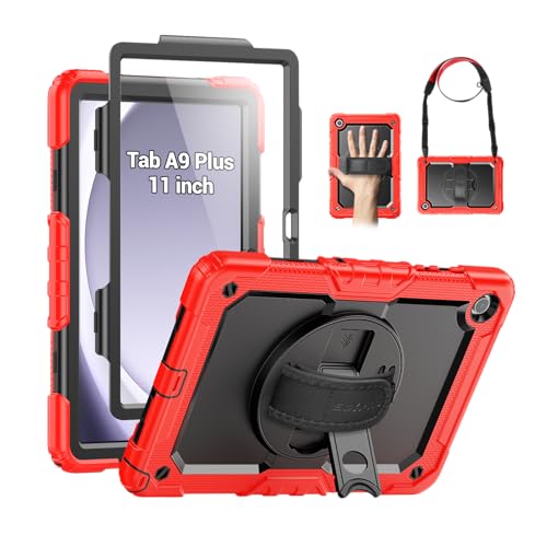 SEYMAC Case for Samsung Galaxy Tab A9+/ A9 Plus 11" (SM-X210/X216/X218), Heavy Duty Shockproof Protective Case with Screen Protector, Rotating Stand, Hand/Shoulder Strap and Pen Holder, Red