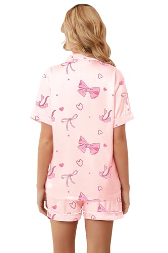 Image of Umeyda Women & Girls Pajamas Set, Soft Satin Lightweight Silk Button-Down Top with Shorts 2 Piece PJS for Mom Boys Kids Gifts