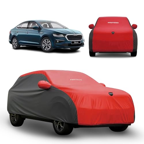 Image of PROTEGO Prime Series India's 1st Anti-Tear Car Cover for Skoda Slavia | Heavy-Duty, Custom Fit, All Weather Protection | 100% Waterproof, Windproof & Hail Resistant | 2-Year Warranty | Red + Black