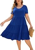 Younrui Women's Plus Size Casual Summer Tiered Midi Dress Short Sleeve Scoop Neck Solid Ruffle Babydoll Boho Sundress (2XL-1001-Royal Blue)
