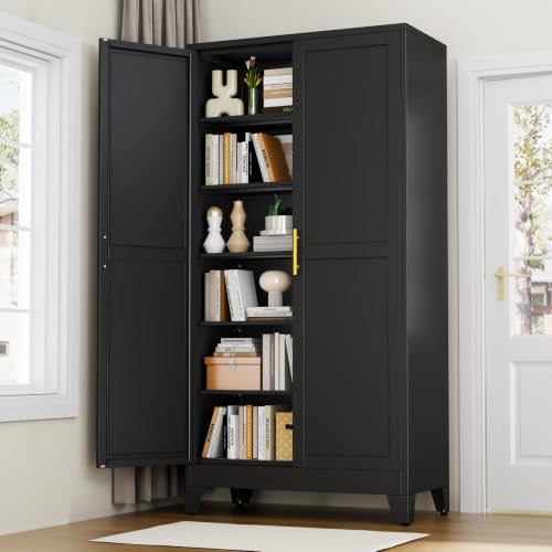 Image of RISRERN Black Metal Storage Cabinet, 79 inch Steel Cabinets for Home Office | Kitchen Pantry Storage Cabinet with Doors, 5 Adjustable Shelves, Metal Pantry Cabinet, for Office, Home, School 40 inch W