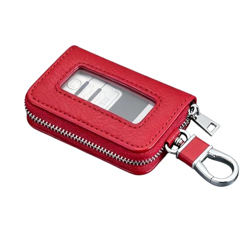 Fiknonk 1PC Car Key Fob Case Leather Car Key Holder for Purse with Transparent Window and Metal Hook Universal Keychain Bag for Car Remote (Red)