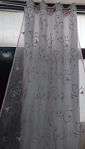 Image of 2 in 1 Embroidery Transparent Polyester Floral Door Curtain with 80% Blackout Curtain, Set of 2(7 Feet, Pink Embroidery + White Blackout)