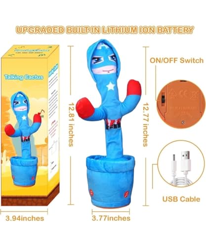 Image of Talking Dancing Cactus Toy with Recording & Voice Repeat Function | USB Rechargeable Musical Plush Toy with LED Lights | Singing, Mimicking & Wiggling Interactive Cactus Doll for Kids, Babies