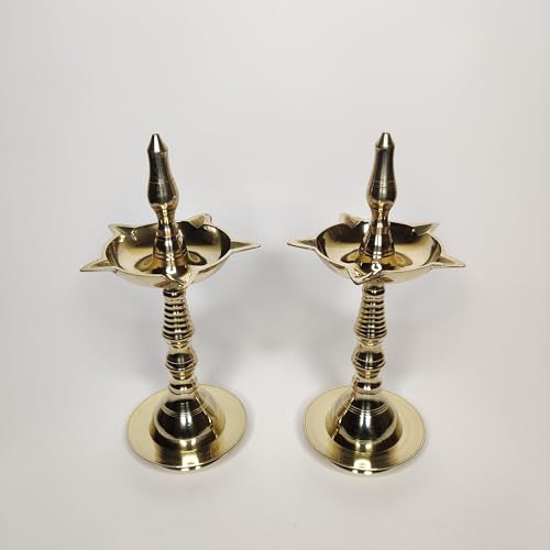 Image of Hyderabad Gifters Pure Brass Kerala Samai / Chemmelu 9 Inches /23cm (Set of 2) - Traditional Oil Lamp for Pooja, Temple & South Indian Festivals