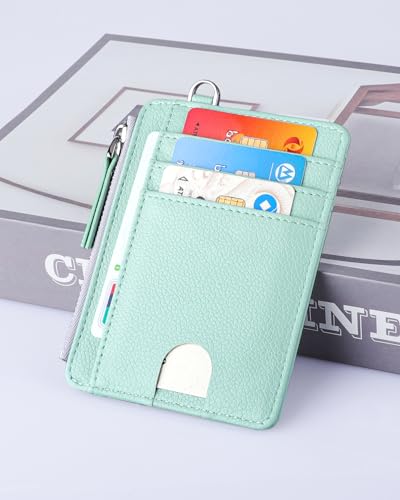 Image of Teskyer Slim RFID Wallet for Women, Small Card Holder with Zip Pocket, Light Green, 3.5 inch x 4.7 inch, Minimalist | Zip Pocket for Cash Coin, 1 ID Window & 7 Card Slots, Ultra Slim Design, D-Ring for Neck Lanyard, for Daily Carry and Travel