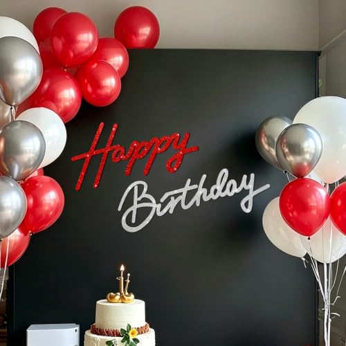 Image of TONIFUL Happy Birthday Sign for Backdrop - Glitter Red Silver Felt Banner - Includes Dot Glue - Perfect for Birthday Party Backdrop,Wall Decr,Balloon Arch,Photo Background