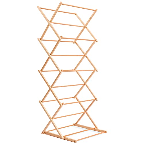 Wooden Clothes Airer Collapsible Folding Clothes Horse Adjustable Laundry Drying Rack Portable Rustproof Wooden Airer Laundry Dryer Racks Extendable Tower for Space Saving Indoor Use