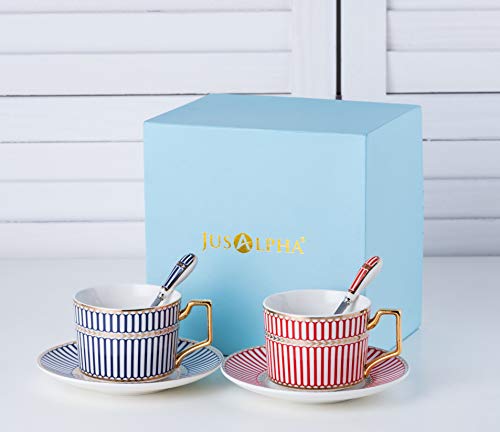 Jusalpha Set Of 2 Elegant Modern Blue And Red 7.4 Oz Tea Cups And Saucers Set-Coffee Cup Set With Saucer And Spoon In A Gift Box Fd-Tcs17 (Strip Pattern) #TOP3