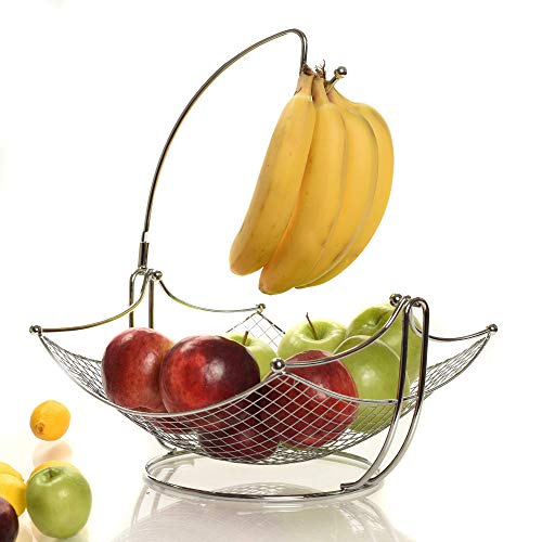 Fruit Bowl, Detachable, Banana holder, Elegant, Fruit Basket, with Banana Tree Hanger, Chrome