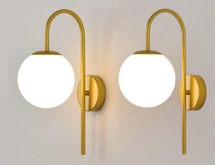 hardwired modern gold wall sconces set of 2, gooseneck design with 6" glass globe shades, g9 3000k warm white bulbs included, 16" height metal wall lamps for bedroom, living room, hallway, vanity