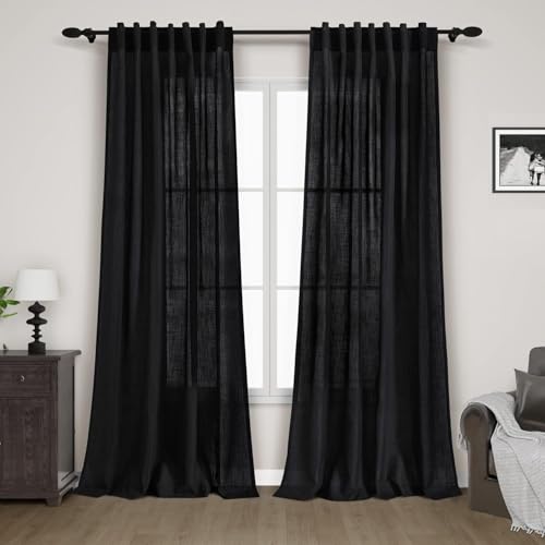 Image of Black Linen Curtains 84 inches Long for Bedroom Back Tab Light Filtering Privacy Sheer Black Curtains Modern Farmhouse Coastal Decor Off Black Cotton Textured Gauze Curtain for Living Room 2 Panel Set