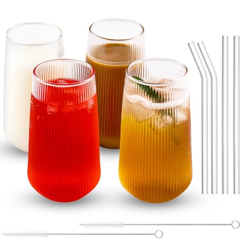 Vexillic Trinkgläser mit Strohhalm,4 Stück 500 ml Cocktailgläser Eiskaffee Gläser,Kaffeetasse Glasbecher für Wasser Smoothie Latte Macchiato Whiskey Geschen