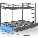 Rolanstar Metal Bunk Bed Full Over Full with USB Charging Station, LED Bunk Bed with 2 Storage Drawers, Bed with Safety Guardrail & Ladders, No Box Spring Needed, Easy Assembly, Grey