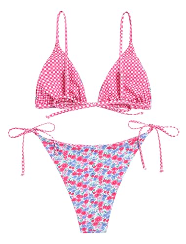 Image of ZAFUL Women's Triangle Bikini Floral String Bikini Set Two Piece Swimsuit Bathing Suits