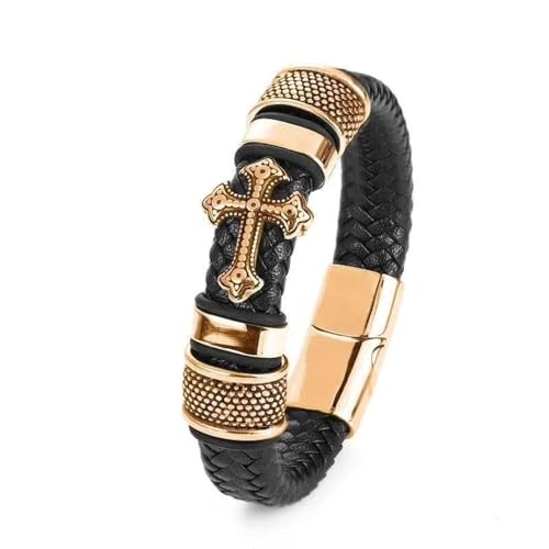 Bracelet hommes en cuir tissé main noir haut de gamme orné d'une croix