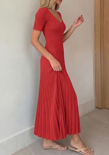 Image of PRETTYGARDEN Women's 2026 Spring Midi Sweater Dresses Elegant Pleated Ribbed Knit Short Sleeve V Neck A Line Summer Outfits