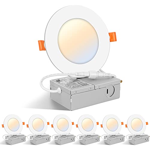 FORT 6 Pack 4inch 5CCT LED Recessed Slim Pot Lights,780LM 9W 2700K/3000K/4000K/5000K/6000K Selectable, Dimmable and IC-Rated led Ceiling Lights, encastrer led 4 po Blanc,cETL Energy Star Listed