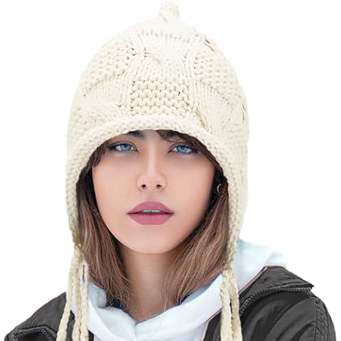 Gllutt Warm Knitted Earflap Beanie Hat for Women Winter Hat with Drawstring (Tassel Beige) Cover