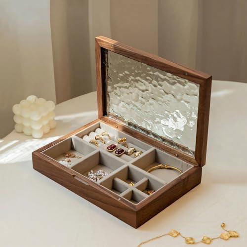 ZhiRuiqidian ジュエリーボックス アクセサリーケース 大容量 仕切り調整 1段 木製 ビーチウッド ウールナット ガラス ウッドケース おしゃれ 宝石箱アクセサリー 収納 ケース 指輪 リング/ピアス/ネックレス/メガネ/時計収納 小物収納(海