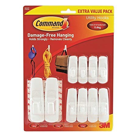 3M Command Utility Hooks 10 Pcs Value Pack, Damage-Free Hanging, White *UK Brand*