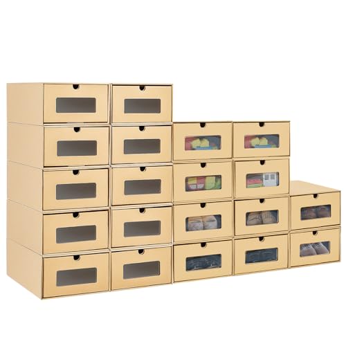 Cardboard Shoe Boxes Stackable Drawer Storage Boxes Foldable Kraft Paper Shoebox with Clear Window – Small Shoe Organiser for Trainers, Boots, Heels, Clothes, Toys & More (20PCS)