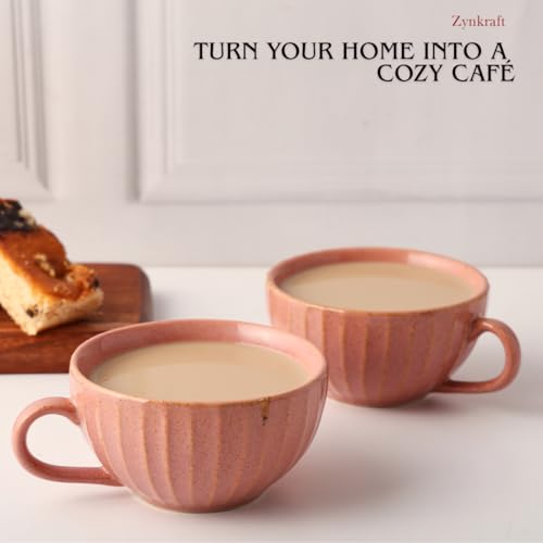 Image of Premium Pink Ceramic Tea Cup Set of 4 | Handmade Stoneware Coffee & Tea Mugs | 220 ml Each | Microwave, Dishwasher Safe | Textured Design | Chai Cups for Home, Office & Gifting
