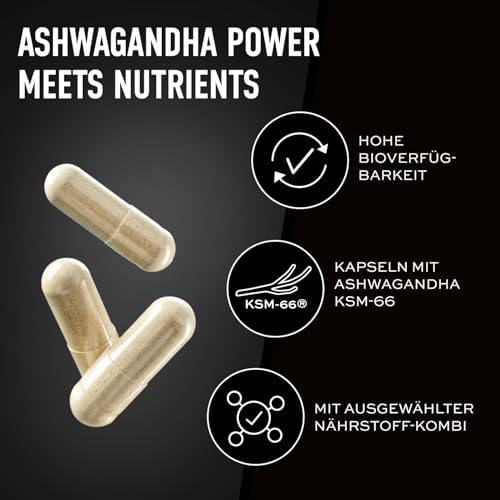 ESN Ashwa +, Ashwagandha hochdosiert, patentiertes KSM 66®, 120 Kapseln, mit Magnesium, Vitamin B6 & Zink - made in Germany