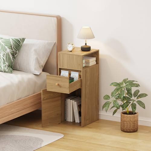 Slim Bedside Table with 1 Drawer & 1 Door, Living Room Sofa Side End Table, Compact Wooden Lamp Telephone Table for Home Office Hallway, Narrow Bedroom Nightstand Cabinet (Walnut)