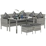 Outsunny 5 Pieces Rattan Garden Furniture Set, 6 Seater Wicker Dining Set, Corner Garden Sofa Outdoor Furniture Set with Glass Top Table, Footstool and Cushions for Patio, Dark Grey