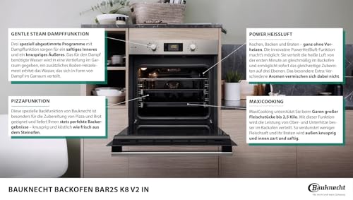 Bauknecht BAR2S K8 V2 IN Dampf-Backofen inklusive 2-fach Backauszug/A+/71 L Maxi-Garraum/Heißluft/Gentle Steam mit Feuchtigkeitszugabe/Einfaches Reinigen mit SmartClean-Innenraum, Edelstahl – Bild 5