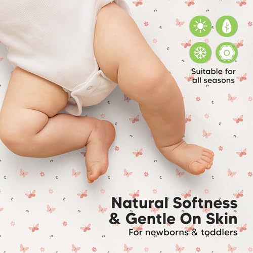 Image of 2-Pack Waterproof Crib Sheets for Boys, Girls, 52x28 Fitted (Butterflies) | Organic Cotton Baby Crib Sheets, Toddler Mattress Protector Cover, Washable, Soft & Durable Baby Bedding Essentials