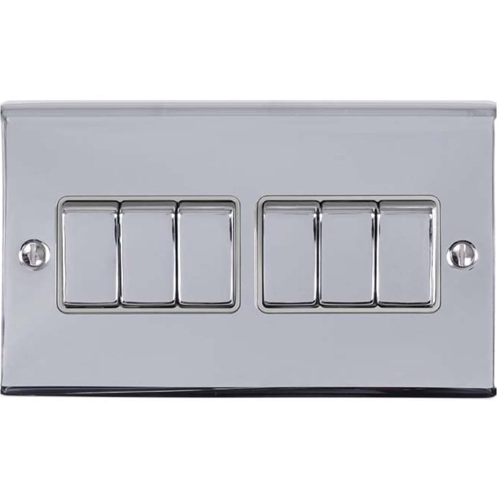 Loops Light/Grey 6 Gang Multi Switch Polished Chrome 2 Way 10A Trim & Metal Rocker - Decorative Kitchen Living Room Bedroom Plate