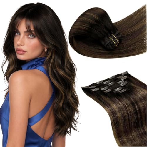 Image of LaaVoo Clip in Hair Extensions Real Human Hair,Quick and Easy Installation | #2 Mix Light Brown, 16 Inch 120g 7Pcs, Glossy Hair Strands, Lightweight, Reusable