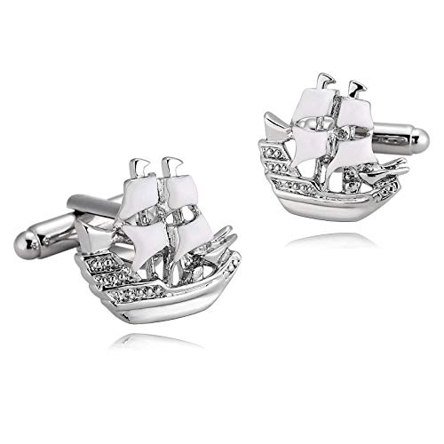 AueDsa Gemelos Hombres Acero Inoxidable Plata Blanco Gemelos de Camisa Barca de Vela