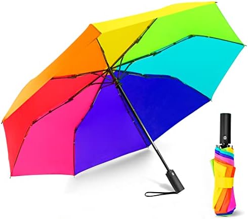 LEAGERA 37inch Rainbow Umbrella for Adults - Automatic Travel Umbrellas for Rain&Sun, Small, Compact, Light, Folding and Portable Backpack Umbrella
