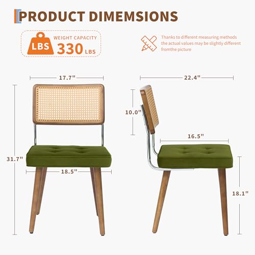 GarveeHome Natural Rattan Dining Chairs Set of 4, Velvet Upholstered Kitchen Chairs with Tall Cane Backrest and Strong Wood Legs for Dining Room, Kitchen, Restaurant, Green - Image 3