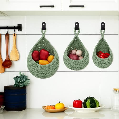 Image of Honeydak 3 Hanging Baskets, Sage Green, Teardrop, Cotton Rope