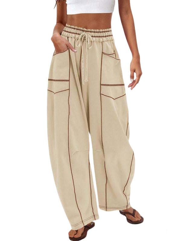 utcoco Womens Y2K Patchwork Wide Leg Pants Casual Loose Drawstring Waist Baggy Trousers with Pockets
