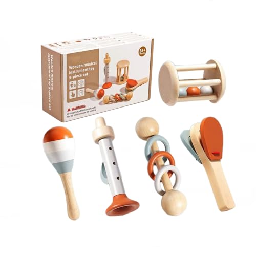 Juguete de sonajero de madera para bebé, 5 piezas Montessori de juguete con sonido para niños pequeños con maracas, campana de mano, sonajero de tambor, trompeta, castañuela, instrumento musical