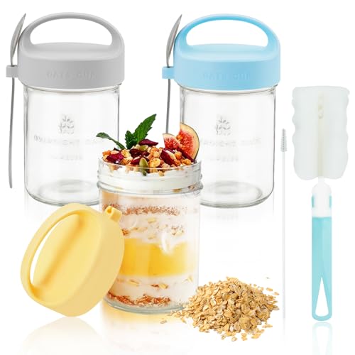 Mulaibdin 3 Piezas Overnight Oats Jar Glass, Mason Jars Overnight Oats 430ml, Porta Yogurt y Cereales, Portátil Taza de Cereales con cucharada, Vasos Yogurtera con Bolso Transparente