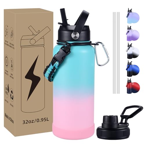 Image of Insulated Water Bottle, 32 oz Stainless Steel Wide Mouth Water Bottles with 2 Leak Proof Lid and Paracord Handle, Double Wall Vacuum Insulated Sports Water Bottle, Teal Pink