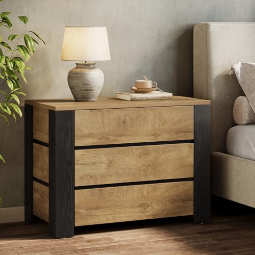 Image of Tribesigns 36 inch Wide Nightstand Set of 2, Oversized Night Stand with 3 Drawers, Extra Large Nightstand Bedside Table for Bedroom, Farmhouse Side End Table with Storage, Wood Color