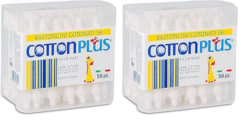 Cotton Plus BASTONCINI COTONATI SICUR BABY 56 pz. - LINEA BABY | BASTONCINI CON PROTEZIONE PER BAMBINI | Igienici e delicati (Confezione da 2)